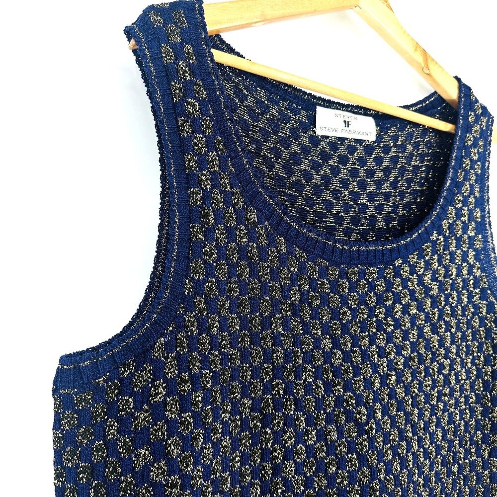 Steve Fabrikant Vintage Blue Gold Metallic Wool  Rayon Sleeveless Tank Top 2X - Picture 3 of 8